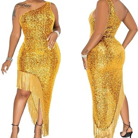 Women Sequins One Shoulder Solid Color Hip Fitted Tassel Asymmetrical He… - Picture 1 of 6